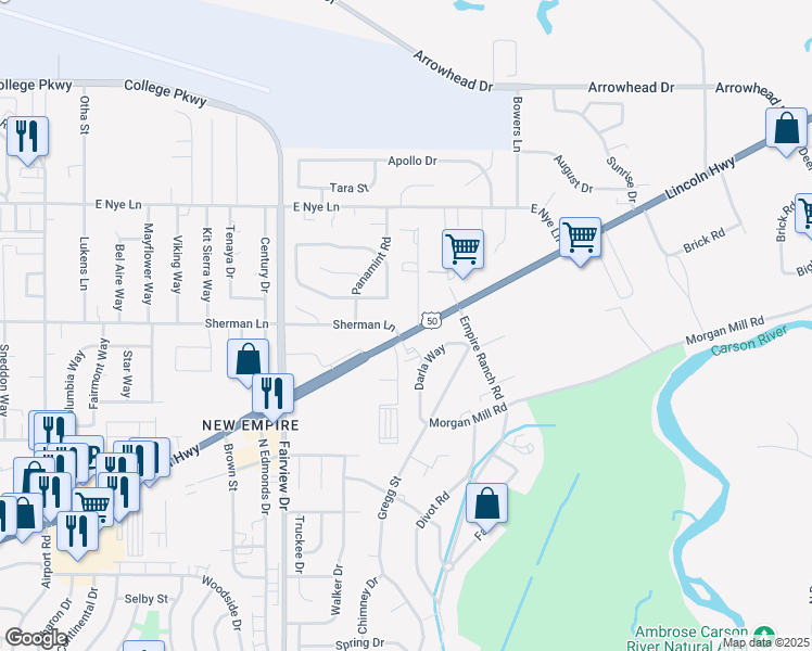 map of restaurants, bars, coffee shops, grocery stores, and more near 4240 Sherman Lane in Carson City