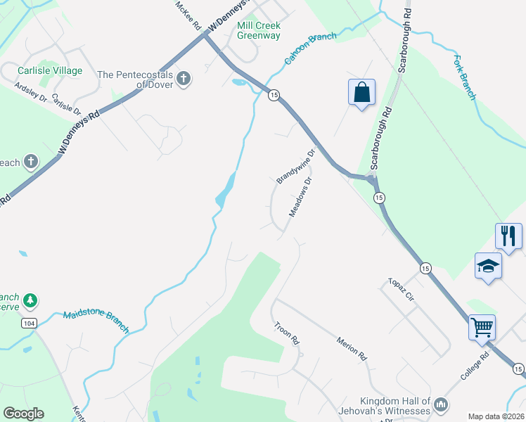 map of restaurants, bars, coffee shops, grocery stores, and more near 146 Brandywine Drive in Dover