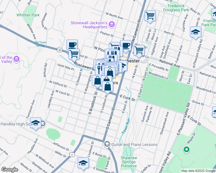 map of restaurants, bars, coffee shops, grocery stores, and more near 103 South Loudoun Street in Winchester
