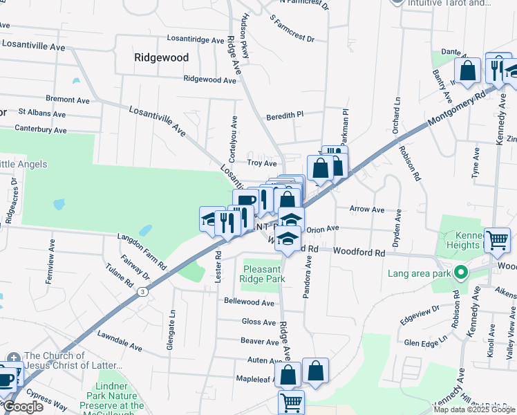 map of restaurants, bars, coffee shops, grocery stores, and more near 3110 Losantiville Avenue in Cincinnati