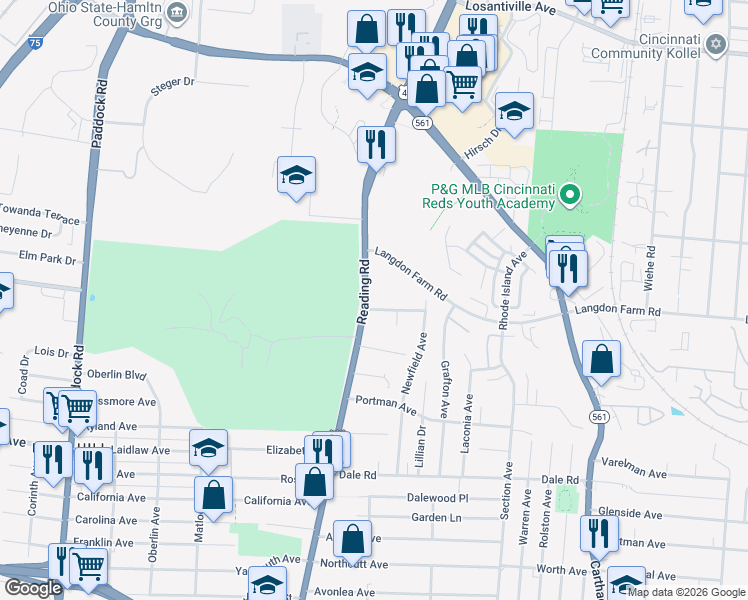 map of restaurants, bars, coffee shops, grocery stores, and more near 5508 Reading Road in Cincinnati