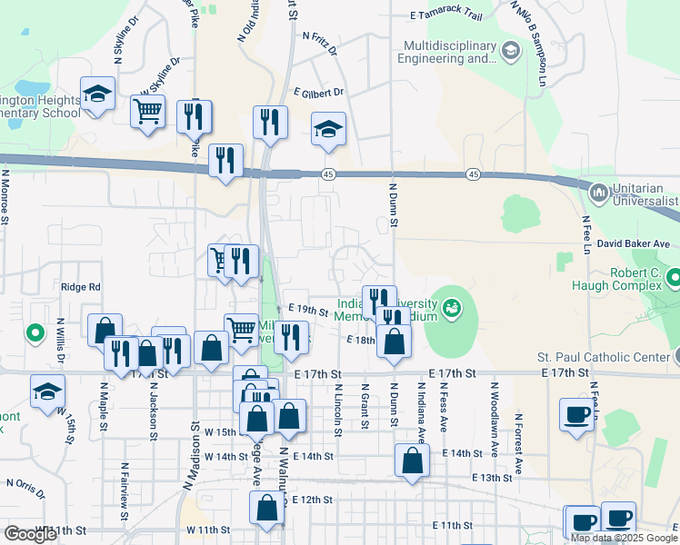 map of restaurants, bars, coffee shops, grocery stores, and more near 210 East Varsity Lane in Bloomington