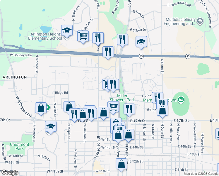map of restaurants, bars, coffee shops, grocery stores, and more near 1508 North Woodburn Avenue in Bloomington