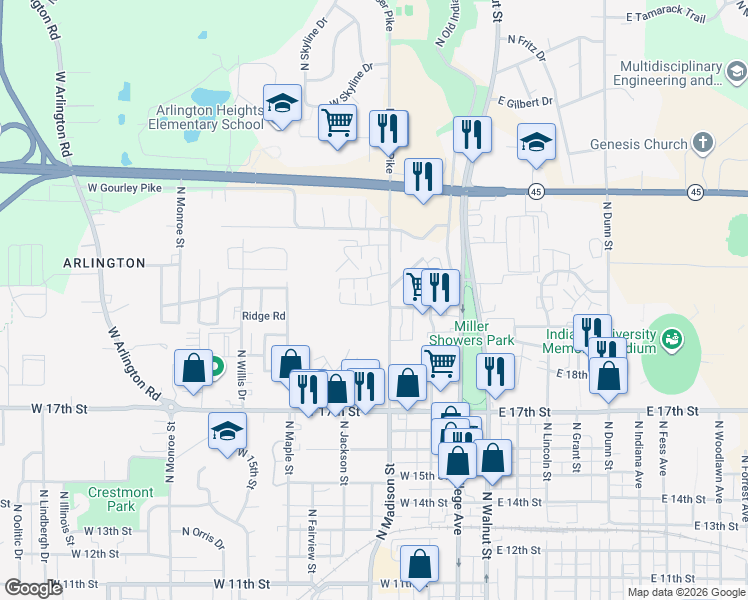map of restaurants, bars, coffee shops, grocery stores, and more near 416 West Northlane Drive in Bloomington
