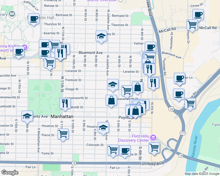 map of restaurants, bars, coffee shops, grocery stores, and more near 411 North Juliette Avenue in Manhattan