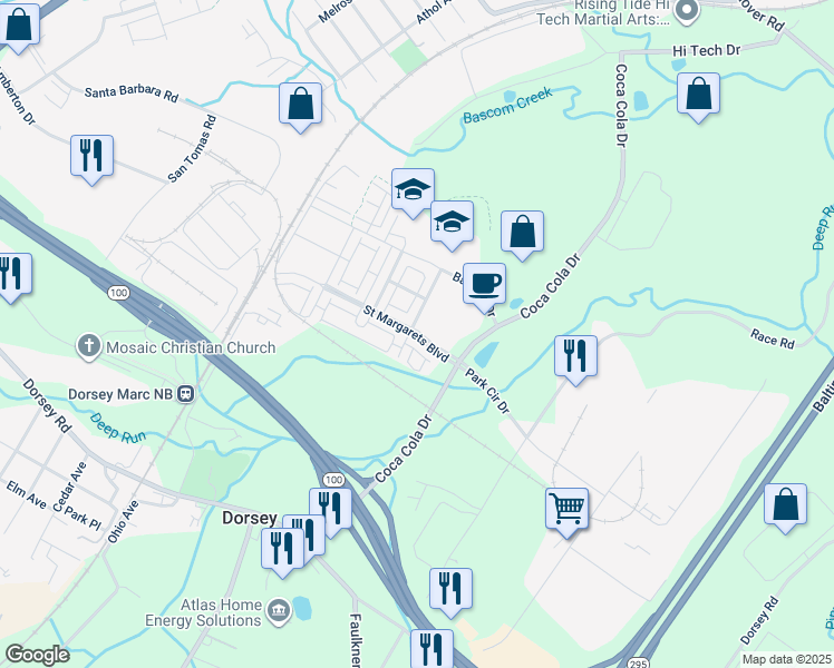 map of restaurants, bars, coffee shops, grocery stores, and more near 7362 Saint Margarets Boulevard in Hanover