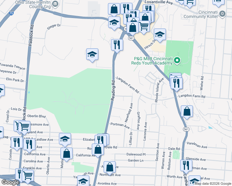 map of restaurants, bars, coffee shops, grocery stores, and more near 5508 Reading Road in Cincinnati