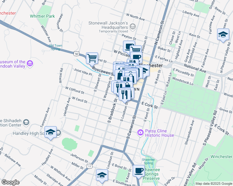 map of restaurants, bars, coffee shops, grocery stores, and more near 125 South Braddock Street in Winchester