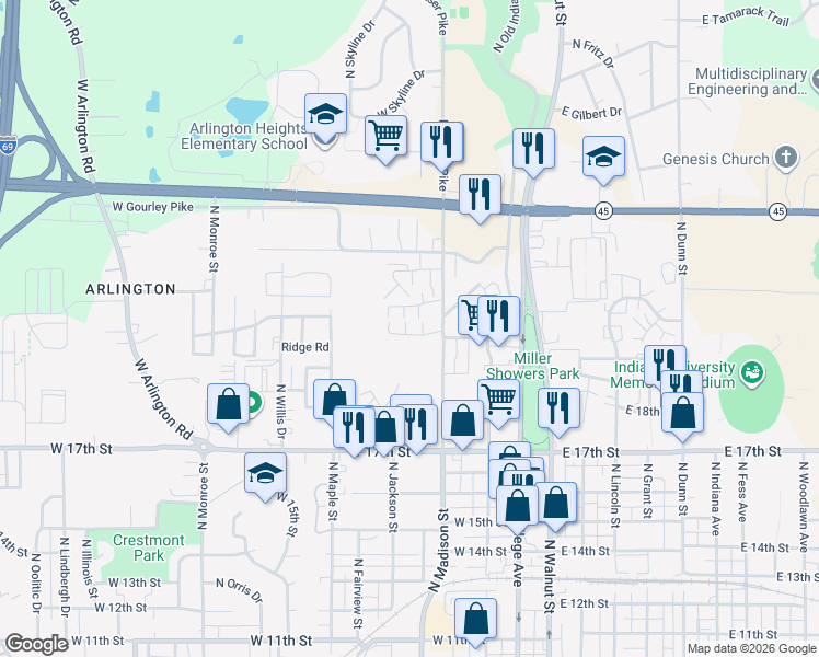 map of restaurants, bars, coffee shops, grocery stores, and more near 577 West Amaryllis Drive in Bloomington