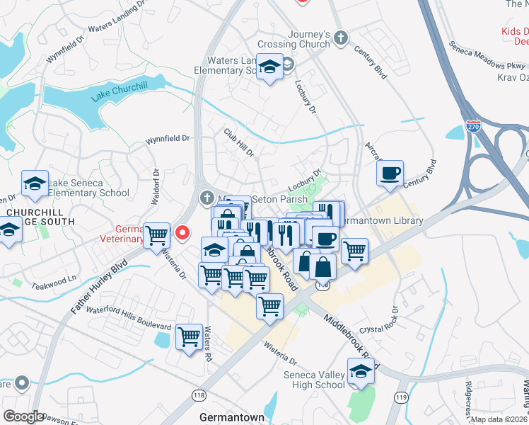 map of restaurants, bars, coffee shops, grocery stores, and more near 13044 Town Commons Drive in Germantown