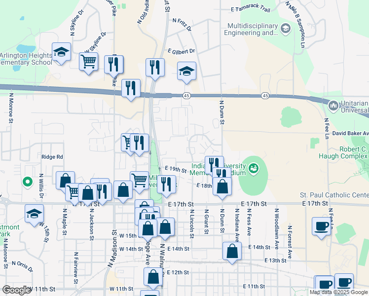 map of restaurants, bars, coffee shops, grocery stores, and more near 1766 North Washington Street in Bloomington