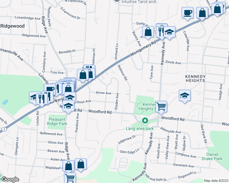 map of restaurants, bars, coffee shops, grocery stores, and more near 3372 Arrow Avenue in Cincinnati