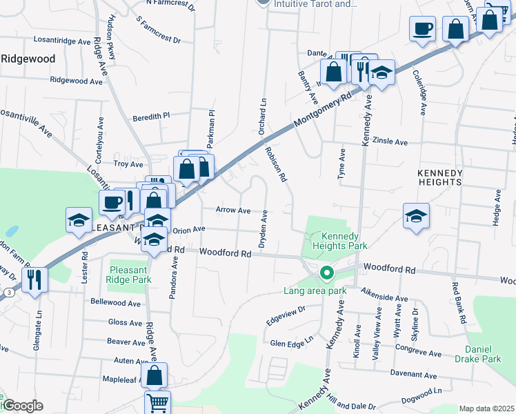 map of restaurants, bars, coffee shops, grocery stores, and more near 3372 Arrow Avenue in Cincinnati
