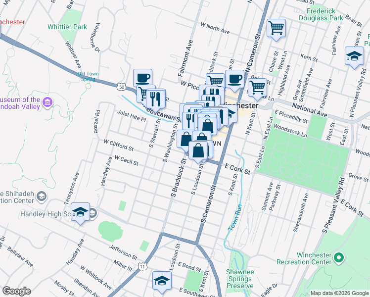 map of restaurants, bars, coffee shops, grocery stores, and more near 125 South Braddock Street in Winchester