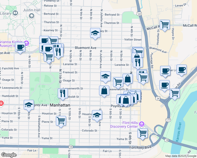 map of restaurants, bars, coffee shops, grocery stores, and more near 405 North Juliette Avenue in Manhattan