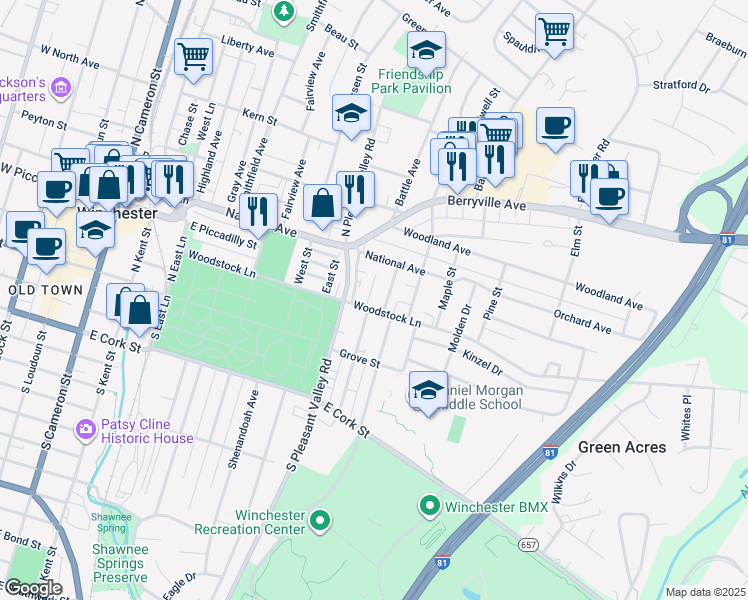 map of restaurants, bars, coffee shops, grocery stores, and more near 206 Kimberly Way in Winchester
