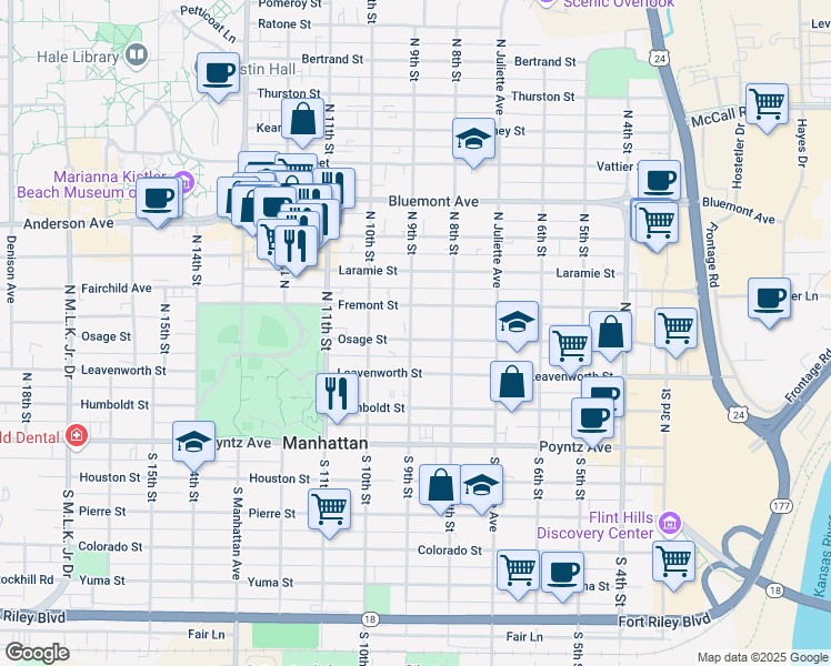 map of restaurants, bars, coffee shops, grocery stores, and more near 830 Osage Street in Manhattan
