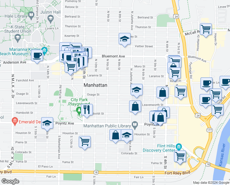 map of restaurants, bars, coffee shops, grocery stores, and more near 810 Osage Street in Manhattan