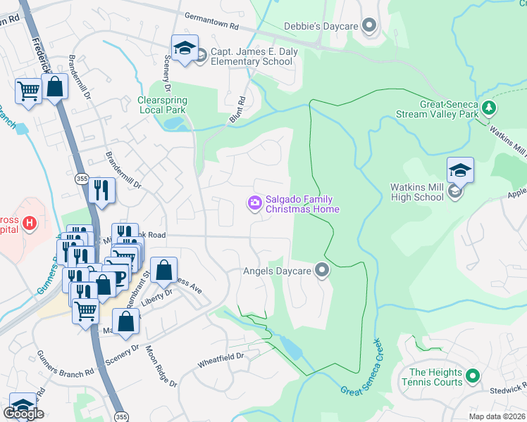 map of restaurants, bars, coffee shops, grocery stores, and more near 11103 Knights Court in Germantown