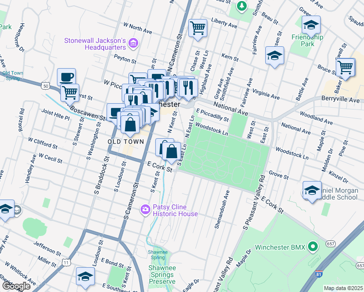 map of restaurants, bars, coffee shops, grocery stores, and more near 225 East Boscawen Street in Winchester