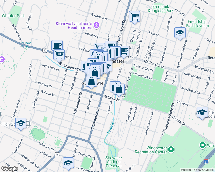 map of restaurants, bars, coffee shops, grocery stores, and more near 15 South Kent Street in Winchester