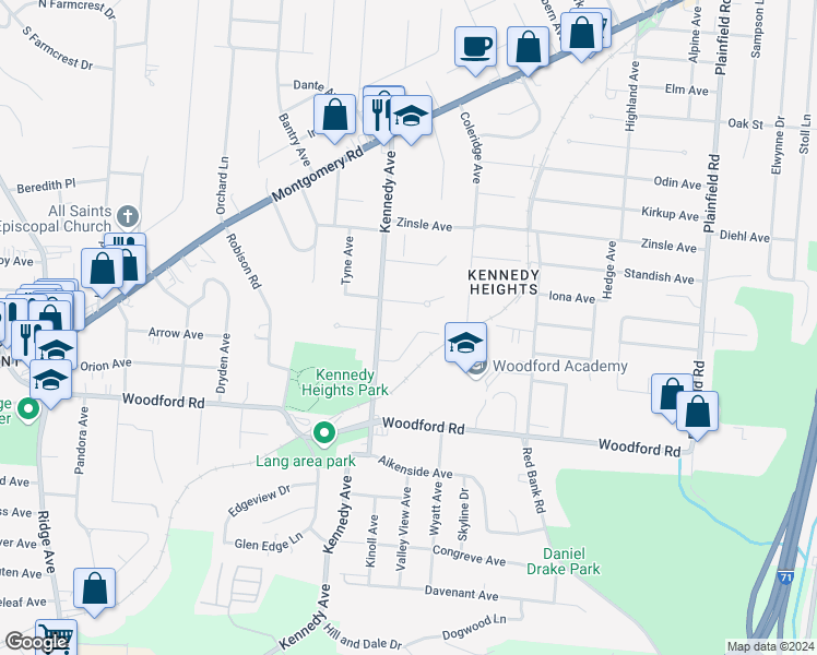 map of restaurants, bars, coffee shops, grocery stores, and more near 3645 Ravenwood Avenue in Cincinnati