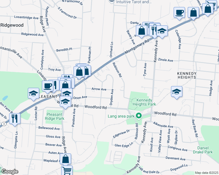 map of restaurants, bars, coffee shops, grocery stores, and more near 6072 Dryden Avenue in Cincinnati