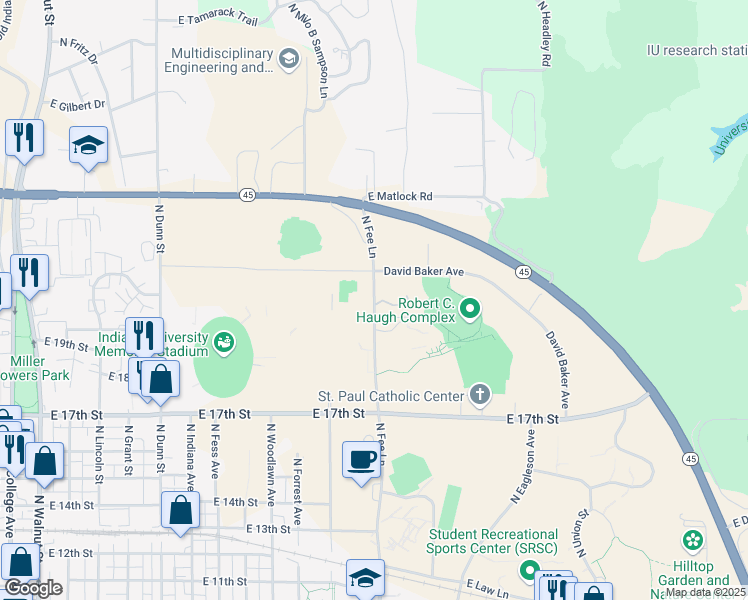 map of restaurants, bars, coffee shops, grocery stores, and more near 1800 North Fee Lane in Bloomington