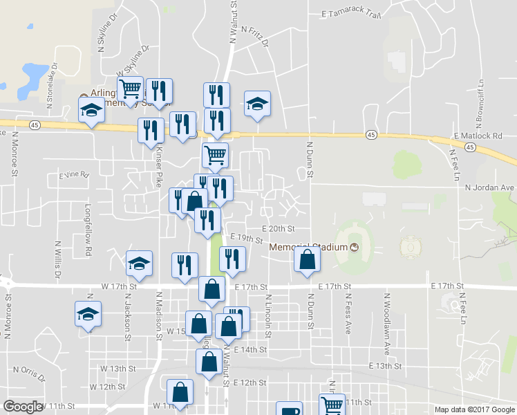 map of restaurants, bars, coffee shops, grocery stores, and more near 1766 North Washington Street in Bloomington