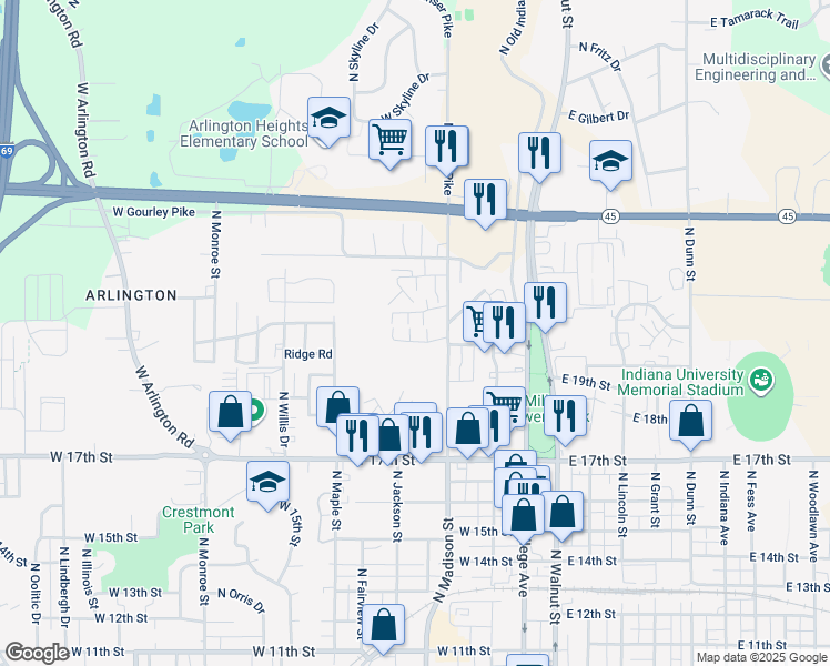 map of restaurants, bars, coffee shops, grocery stores, and more near 577 West Amaryllis Drive in Bloomington