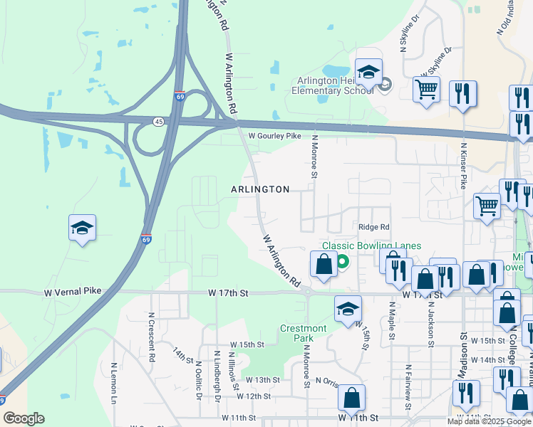 map of restaurants, bars, coffee shops, grocery stores, and more near 1604 West Arlington Road in Bloomington