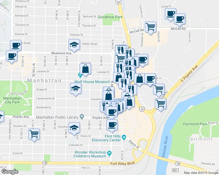 map of restaurants, bars, coffee shops, grocery stores, and more near 414 Osage Street in Manhattan