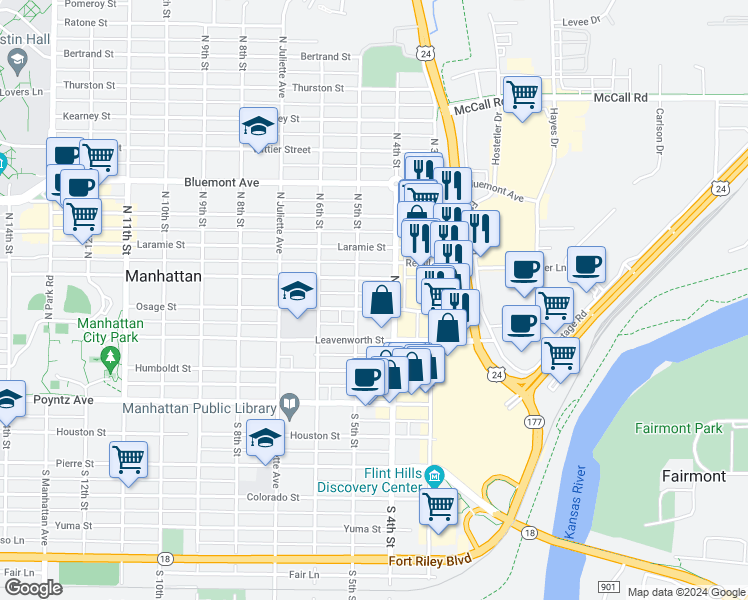 map of restaurants, bars, coffee shops, grocery stores, and more near 414 Osage Street in Manhattan