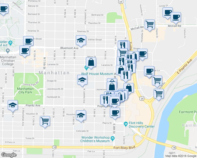 map of restaurants, bars, coffee shops, grocery stores, and more near 510 Osage Street in Manhattan