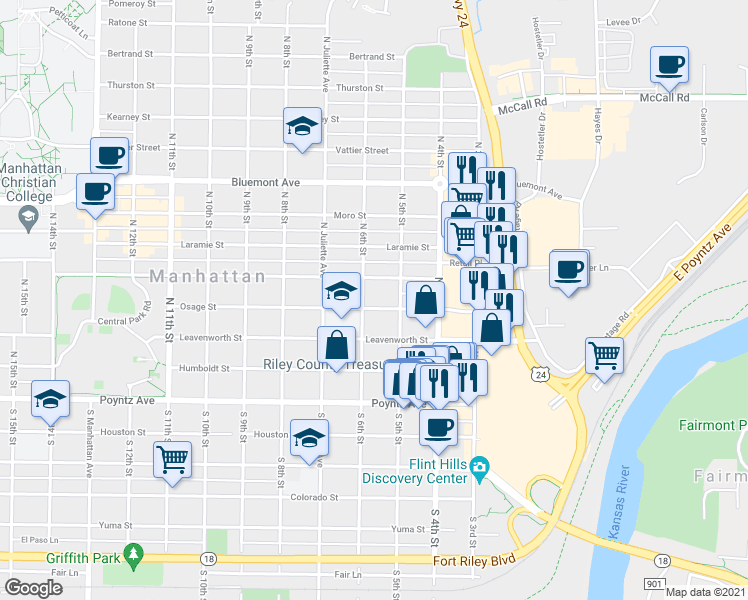 map of restaurants, bars, coffee shops, grocery stores, and more near 510 Osage Street in Manhattan