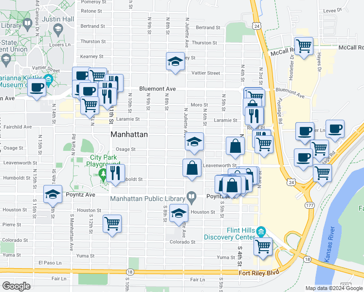 map of restaurants, bars, coffee shops, grocery stores, and more near 411 North Juliette Avenue in Manhattan