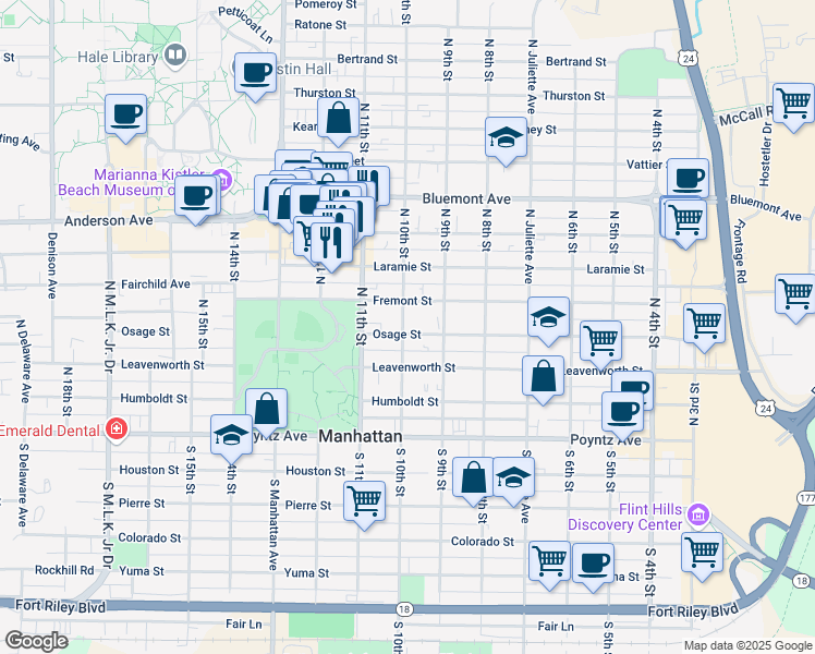 map of restaurants, bars, coffee shops, grocery stores, and more near 930 Osage Street in Manhattan