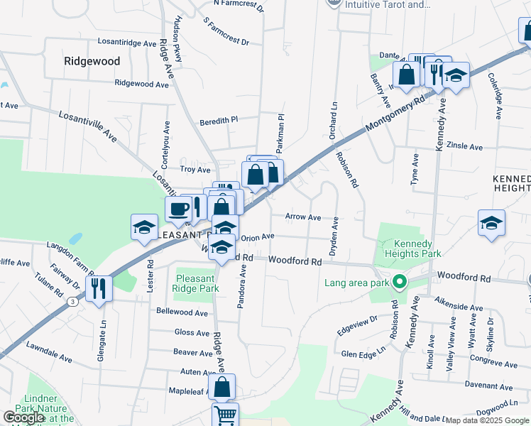 map of restaurants, bars, coffee shops, grocery stores, and more near 6127 Woodmont Avenue in Cincinnati