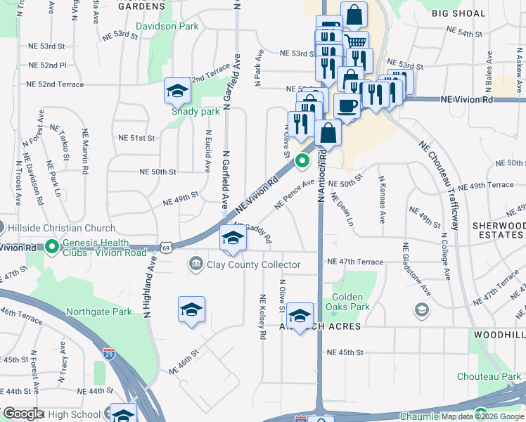 map of restaurants, bars, coffee shops, grocery stores, and more near 2312 Northeast Pence Avenue in Kansas City