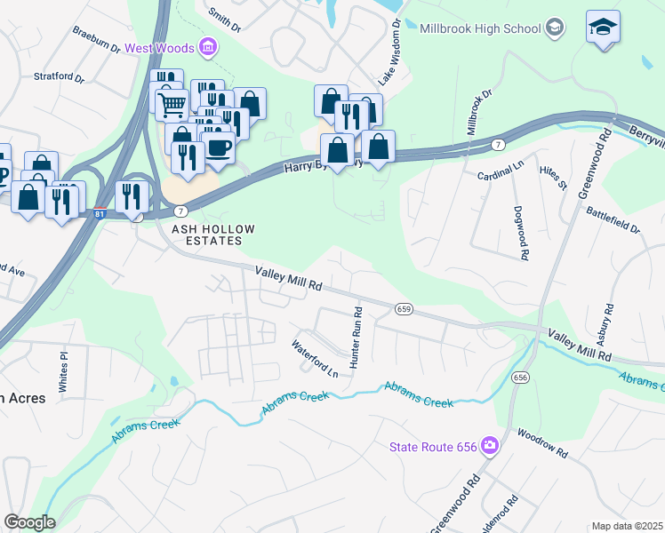 map of restaurants, bars, coffee shops, grocery stores, and more near 303 Ash Hollow Drive in Winchester