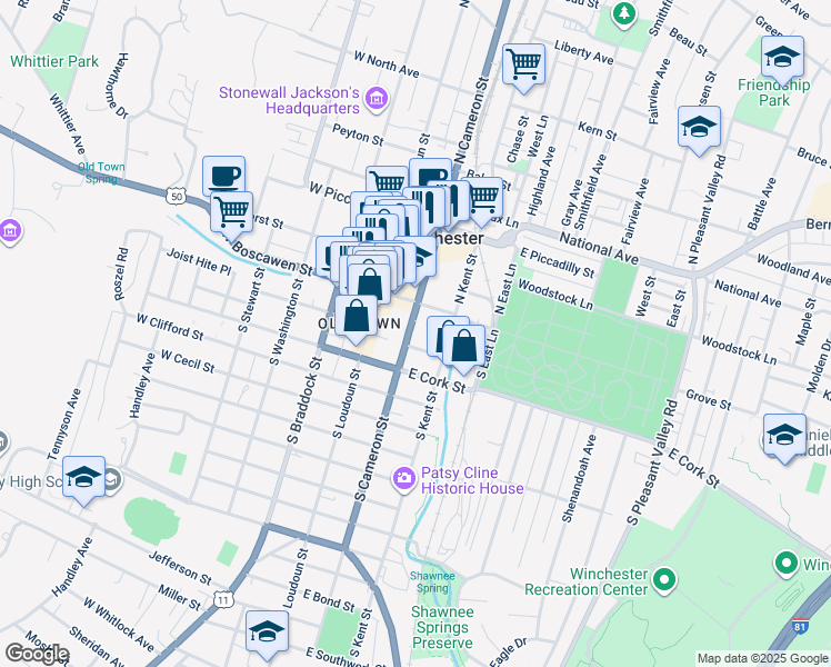 map of restaurants, bars, coffee shops, grocery stores, and more near 36 South Cameron Street in Winchester