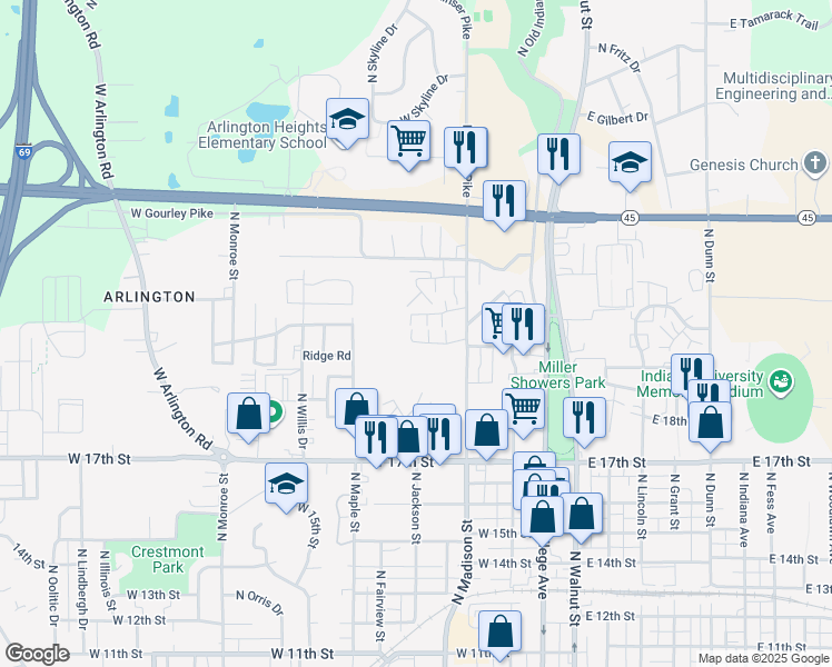map of restaurants, bars, coffee shops, grocery stores, and more near 577 West Amaryllis Drive in Bloomington