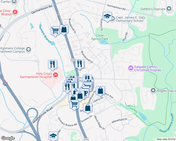 map of restaurants, bars, coffee shops, grocery stores, and more near 48 Stoney Point Court in Germantown
