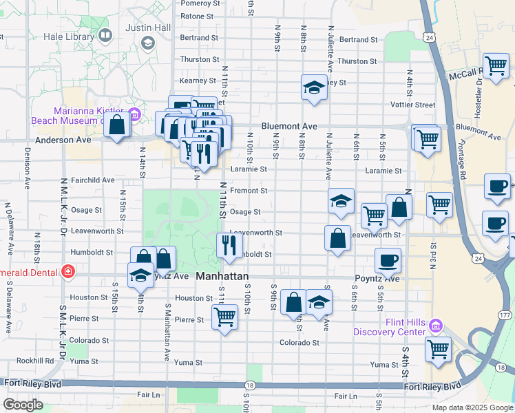 map of restaurants, bars, coffee shops, grocery stores, and more near 922 Osage Street in Manhattan