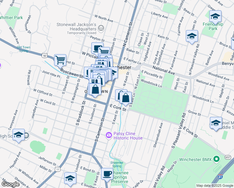 map of restaurants, bars, coffee shops, grocery stores, and more near 15 South Kent Street in Winchester