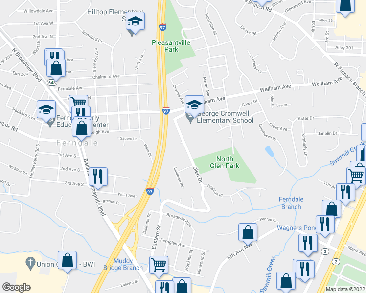 map of restaurants, bars, coffee shops, grocery stores, and more near 1001 Olen Court in Glen Burnie