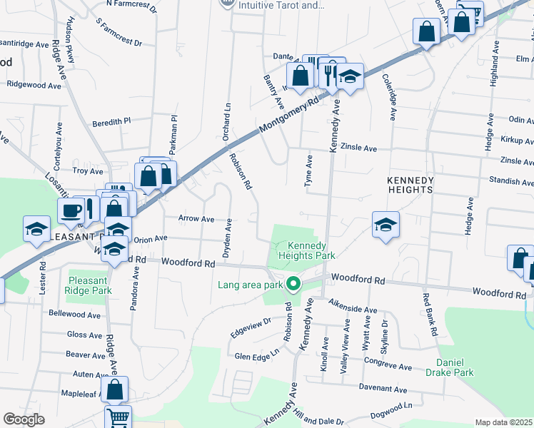 map of restaurants, bars, coffee shops, grocery stores, and more near 6138 Robison Road in Cincinnati