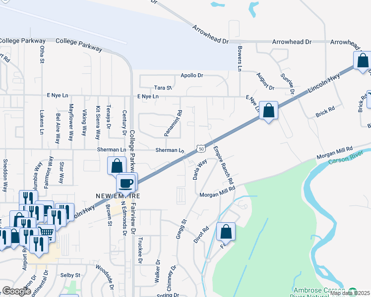 map of restaurants, bars, coffee shops, grocery stores, and more near 4264 Sherman Lane in Carson City