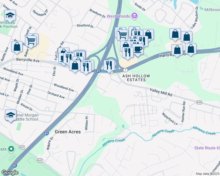 map of restaurants, bars, coffee shops, grocery stores, and more near 113 Anderson Avenue in Winchester