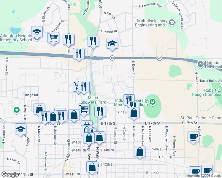 map of restaurants, bars, coffee shops, grocery stores, and more near 1766 North Washington Street in Bloomington